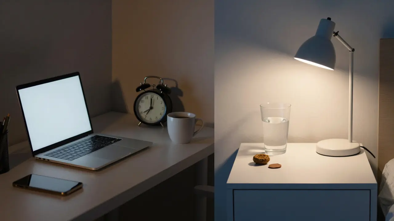 Dvě scény: jedna s nespavostí a obrazovkou, druhá s klidným přípravkem na spánek.