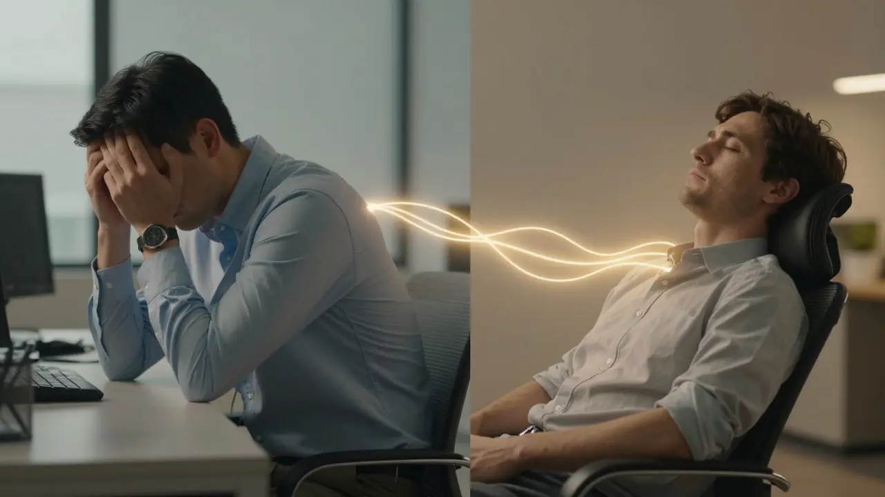 Dvě strany jedné osoby: napjatá vs. uvolněná, spojené jemným světlem.