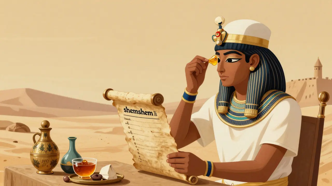 Egyptský lékař používá papyrus pro léčbu očí s medem a olejem.
