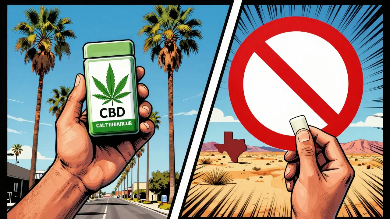 Kalifornie s CBD žvýkačkou a Texas s červeným kruhem s přeškrtnutím.