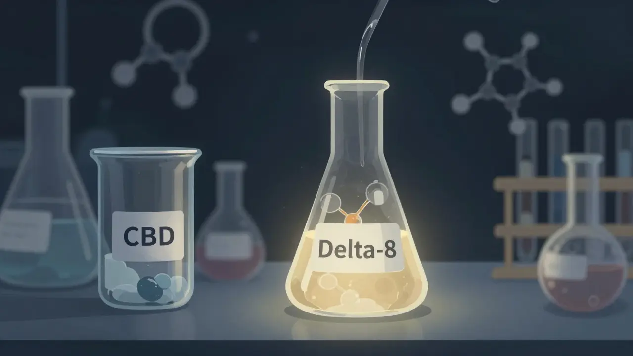 Laboratoř s chemickými přeměnami CBD na delta-8, viditelné molekulární struktury.