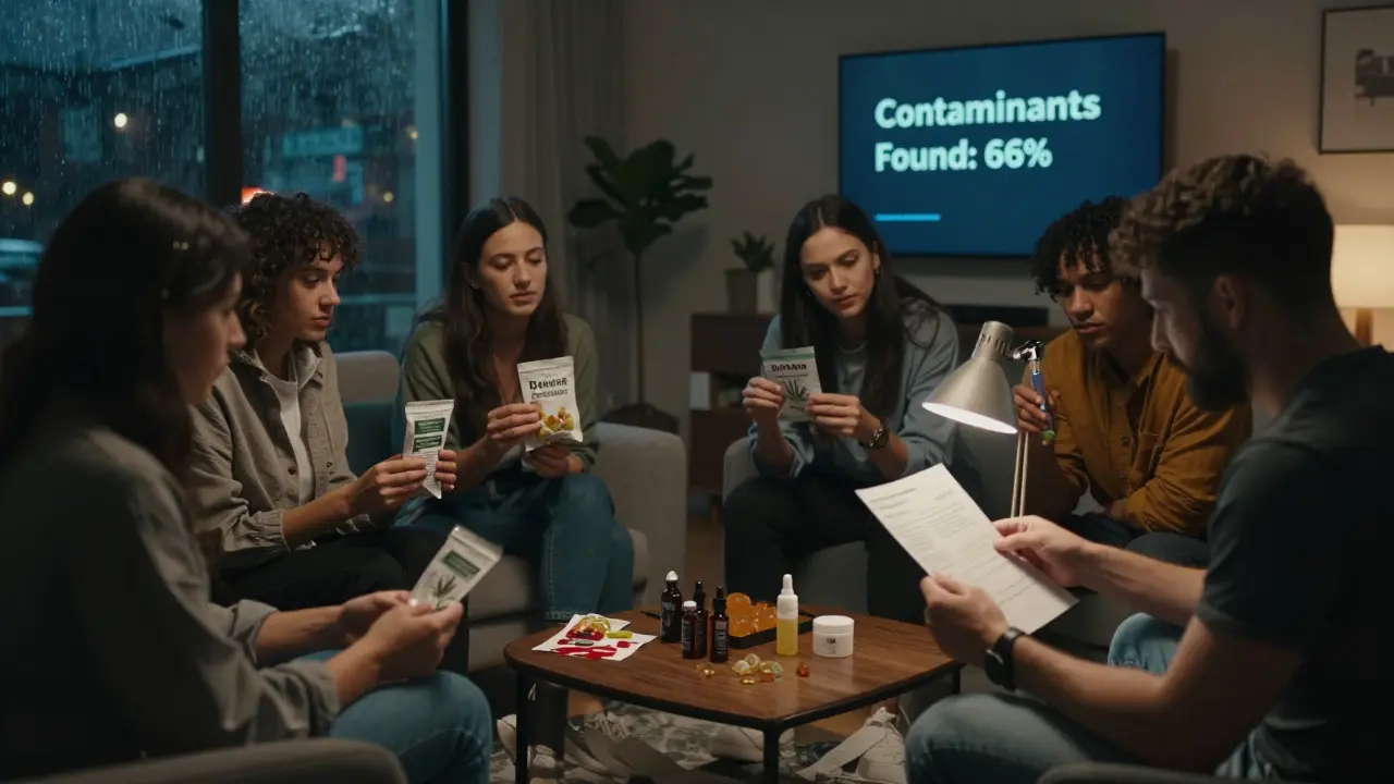 Lidé v bytě sledují laboratorní výsledky produktů HHC a Delta 8 při slabém světle.