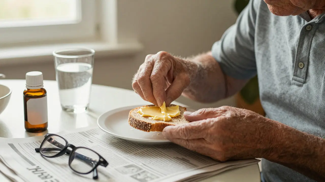 Muž nad 60 let namáčí CBD maslo na chléb během snídaně.