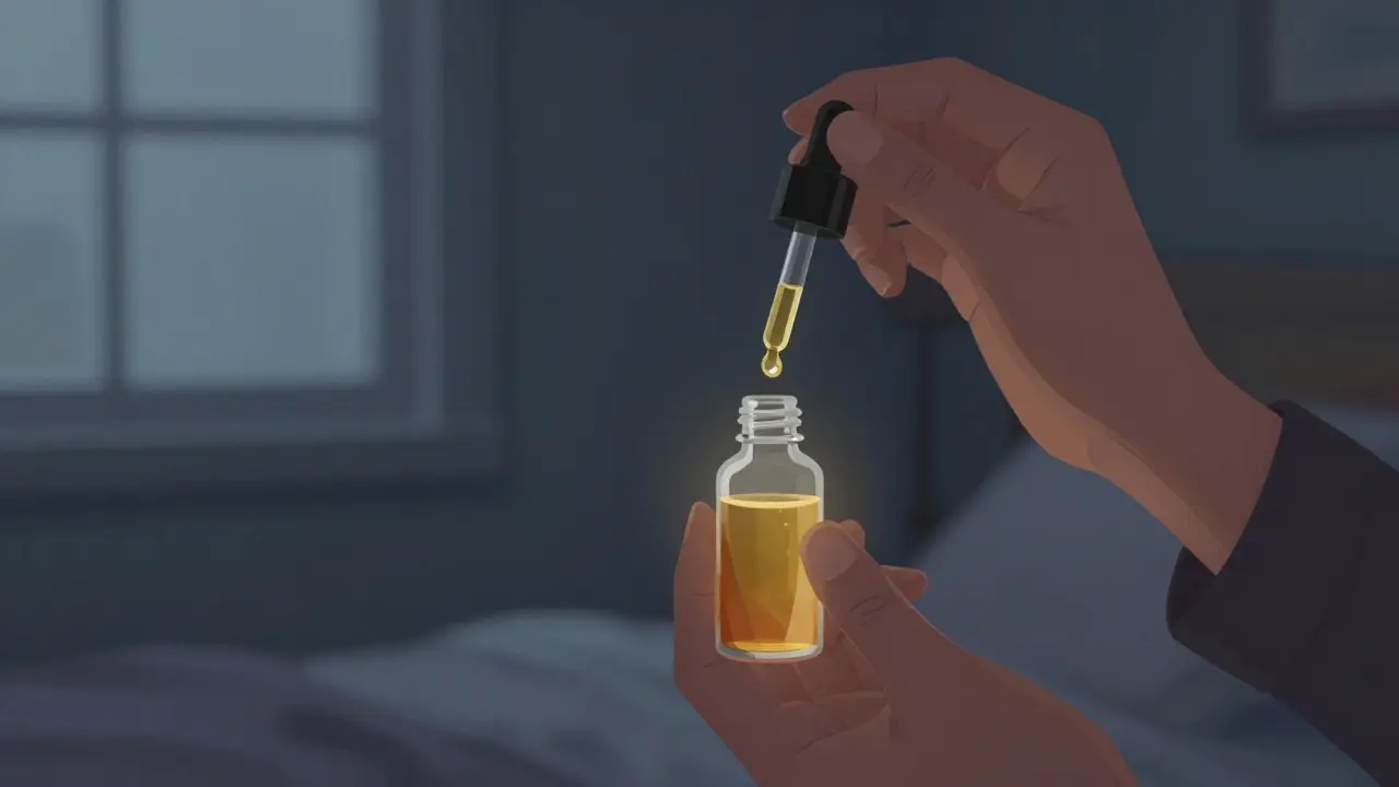 Osoba aplikující CBD olej pod jazyk v klidném prostředí.