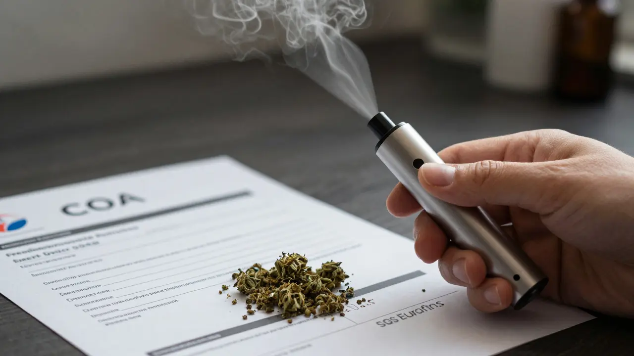 Parník uvolňuje jemnou mlhu nad kvalitním CBD květem a laboratorním certifikátem s českými logy.