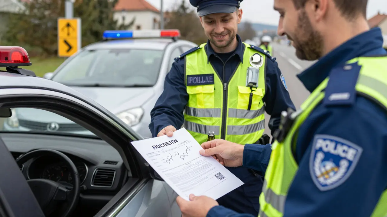 Policista předává řidiči laboratorní výsledek při kontrole, za nimi je auto a klidná silnice.