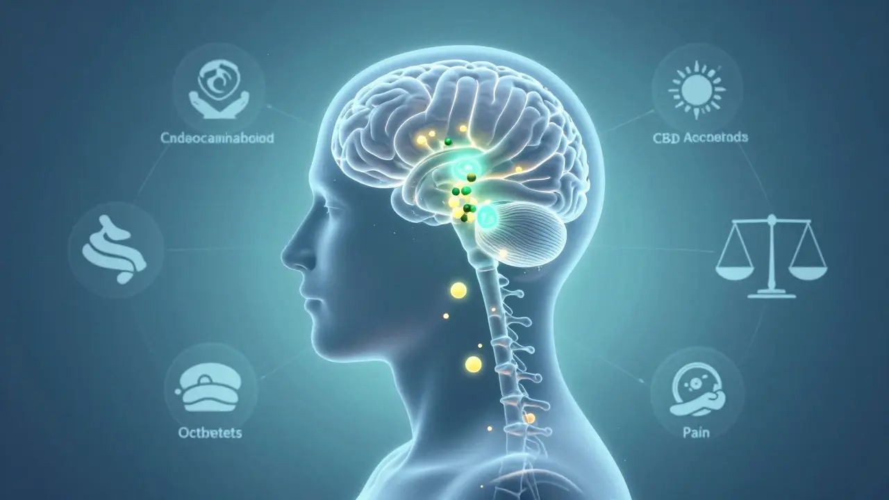 Průhledný lidský tělo s aktivovanými receptory a molekulami CBD.