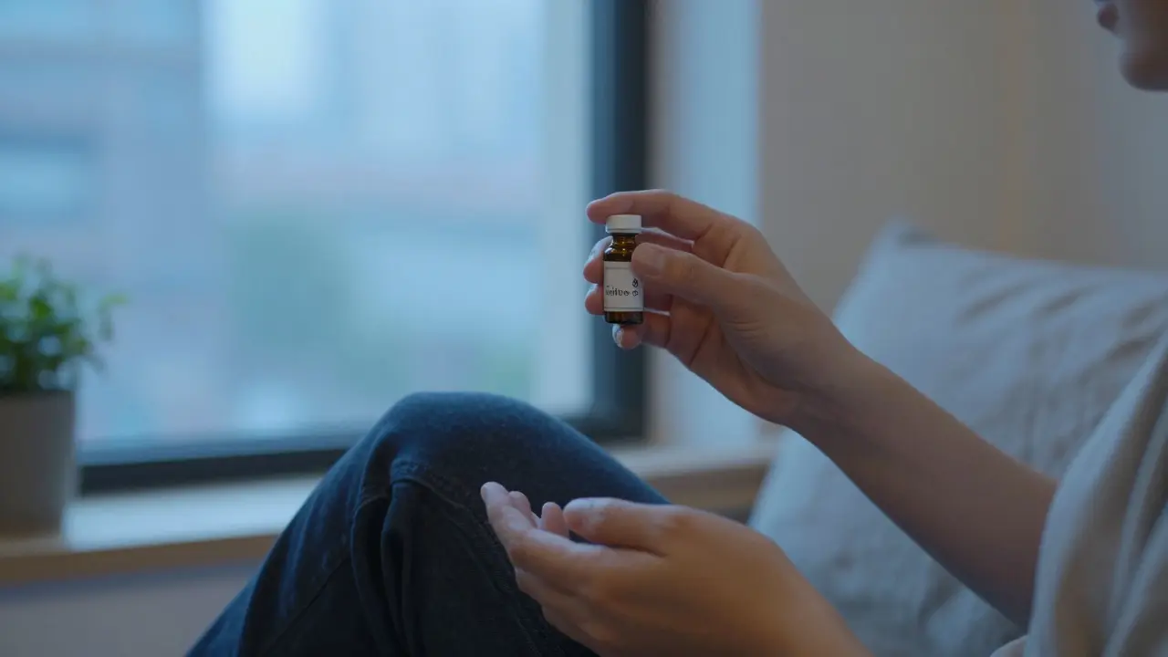 Relaxující osoba s lahvičkou delta-8 THC v klidné místnosti.