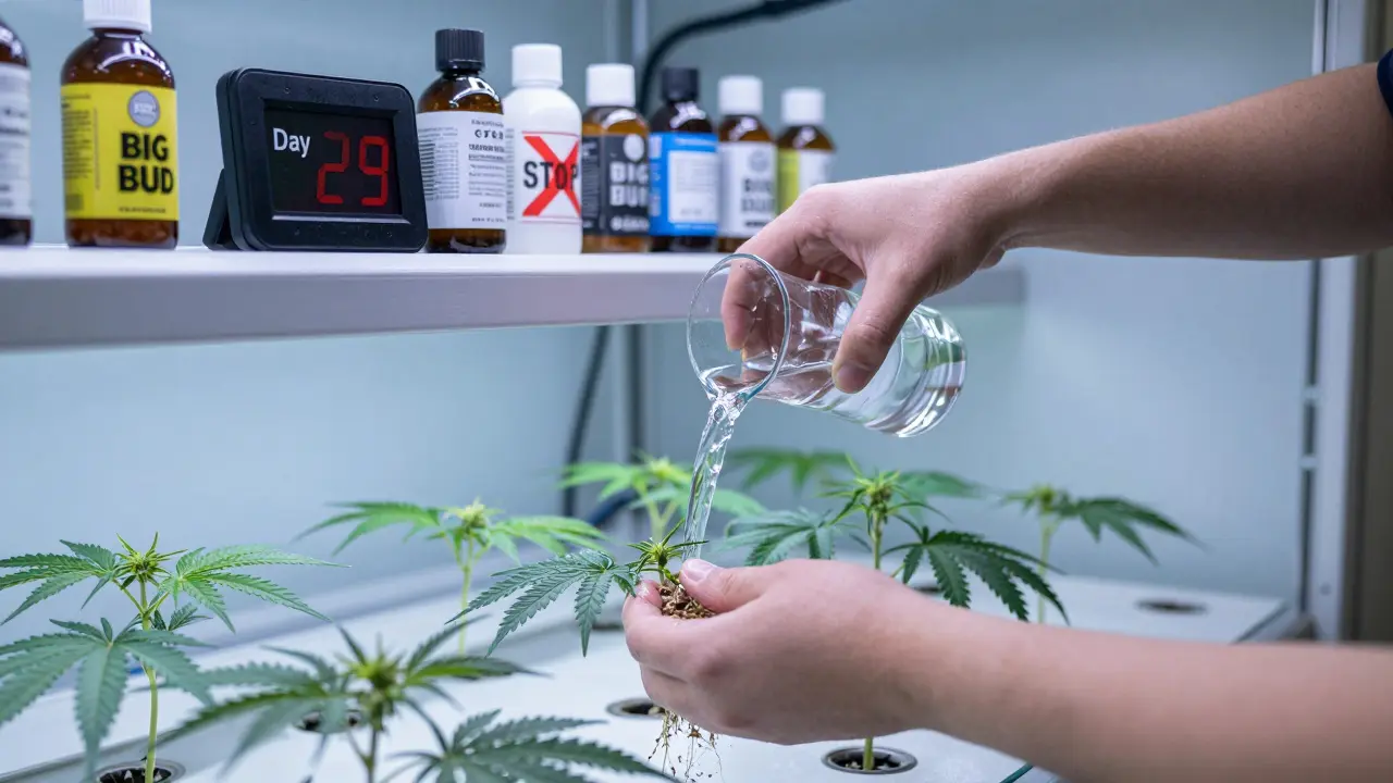 Ruce zalévající kořeny čistou vodou, digitální časovač ukazuje den 29, hnojiva jsou v pozadí.
