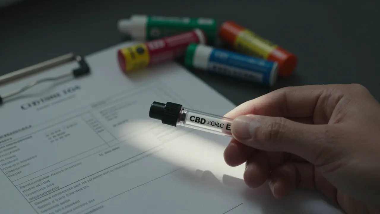 Ruka drží legální CBD kartridž vedle laboratorního certifikátu COA, zatímco nelegální produkty leží v pozadí.