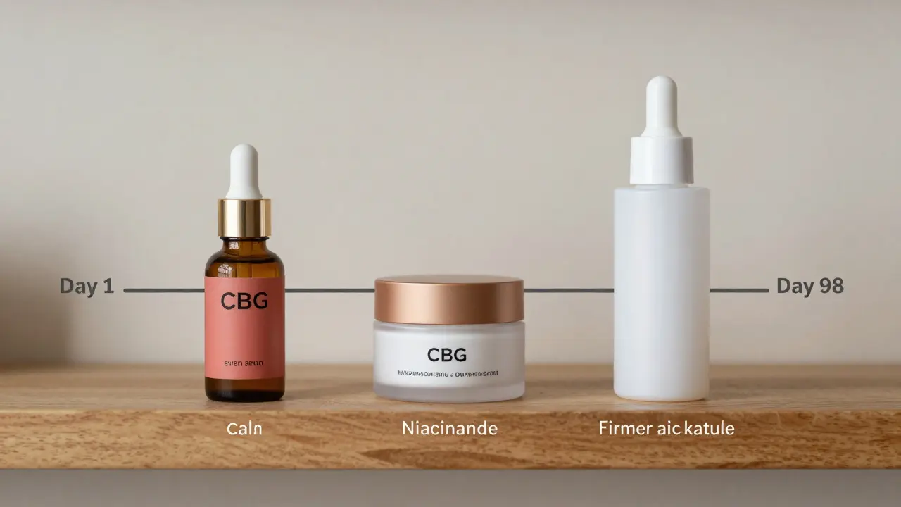 Tři kosmetické produkty s CBG na polici s přirozeným vývojem pokožky.
