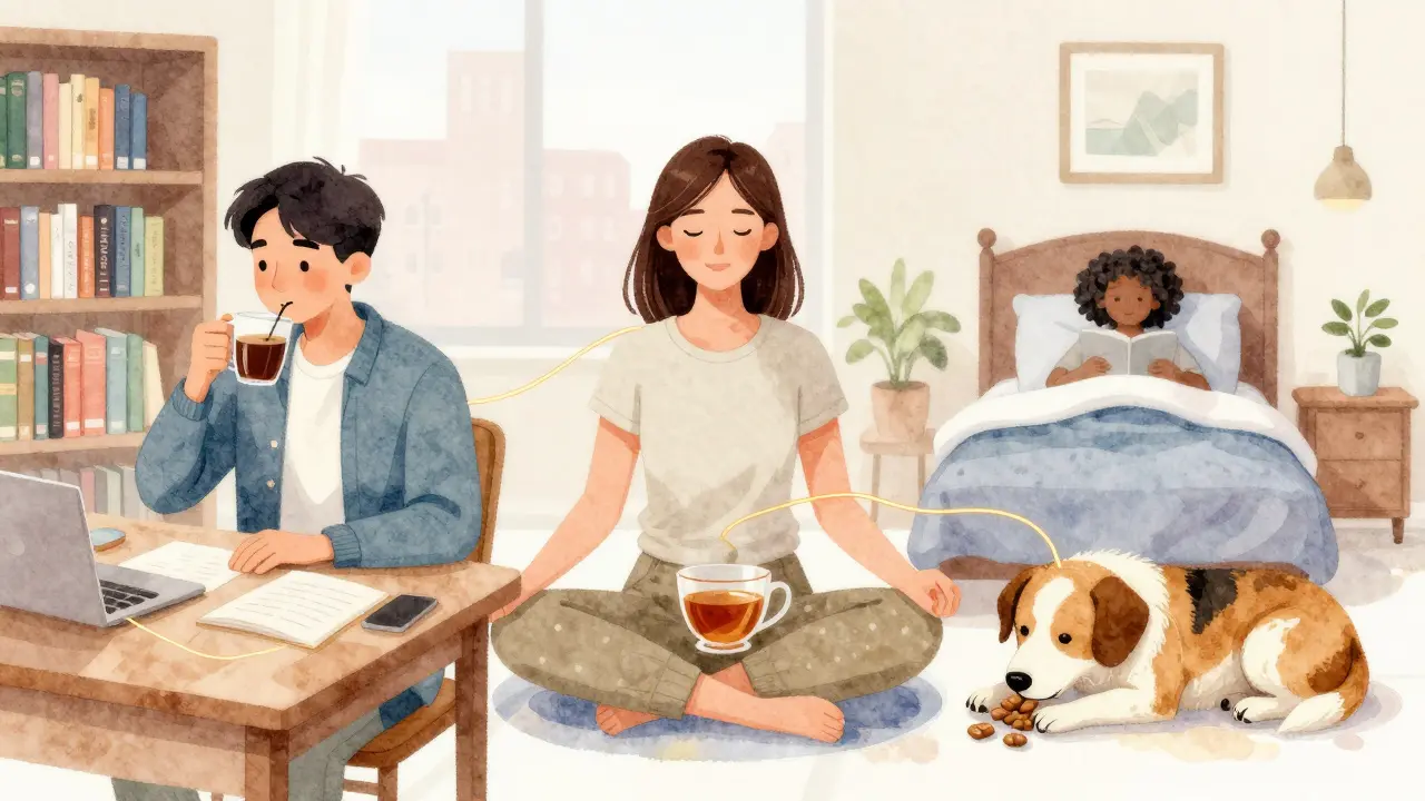 Tři lidé a pes užívají CBD potraviny v různých denních situacích pro klid.