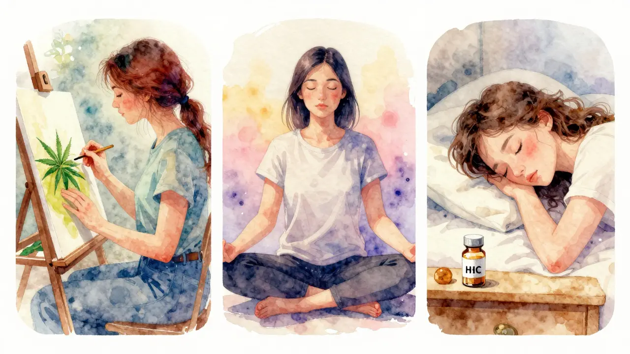 Tři scény: umělec, meditace a spánek s cannabinoidy.