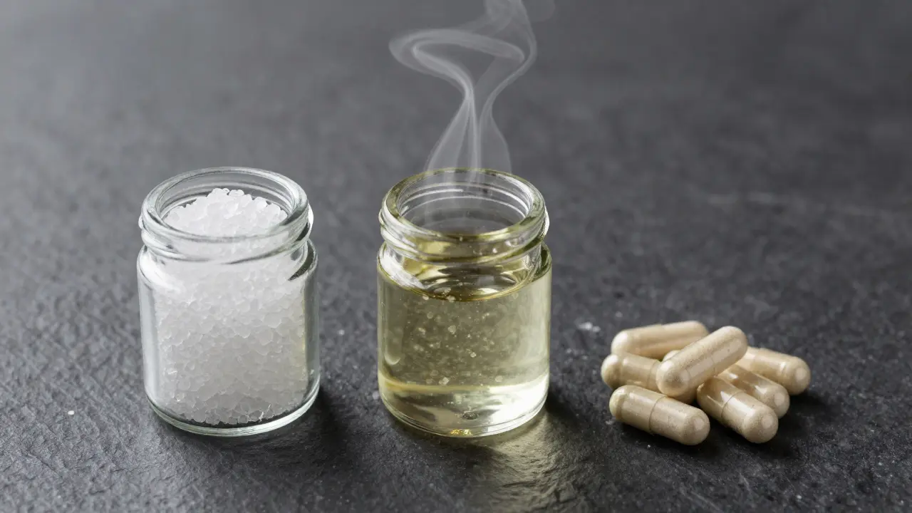 Tři skleněné nádoby s čistým izolátem, rozpuštěným olejem a kapulkami.