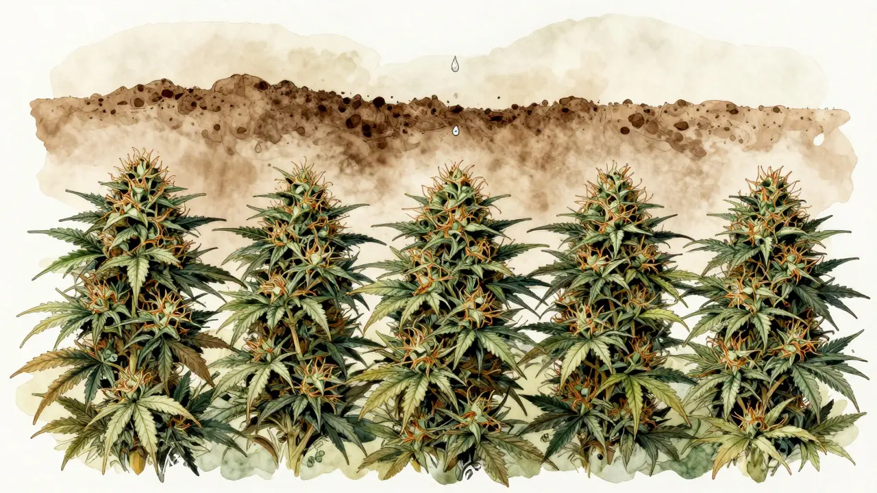 Umělecká ilustrace kanabisové rostliny přecházející od růstu květů k fázi vyplachování.