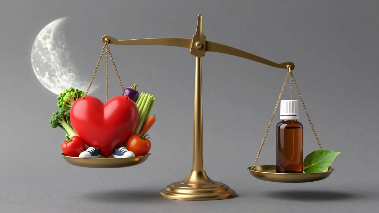 Váha s životním stylem na jedné straně a CBD na druhé — důraz na životní styl jako hlavní faktor zdraví tepen.