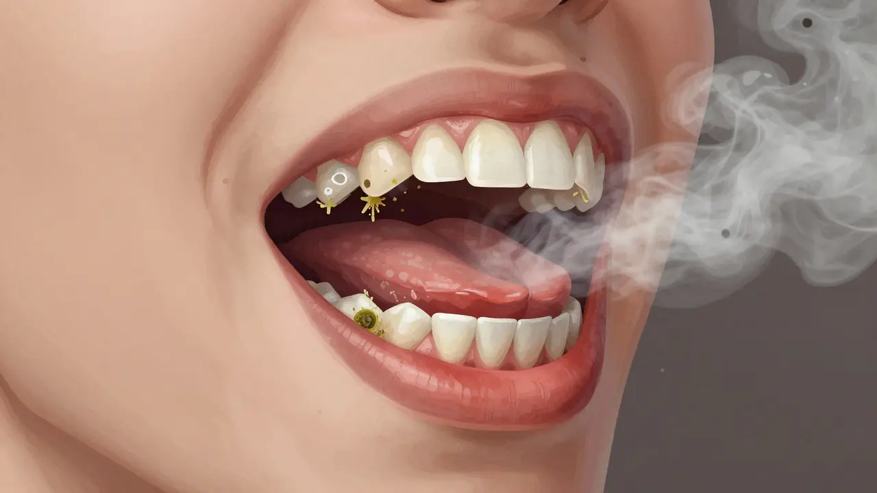 Vnitřní pohled na ústní dutinu s suchými slinnými žlázami a bakteriálním biofilmem na jazyku a dásní.