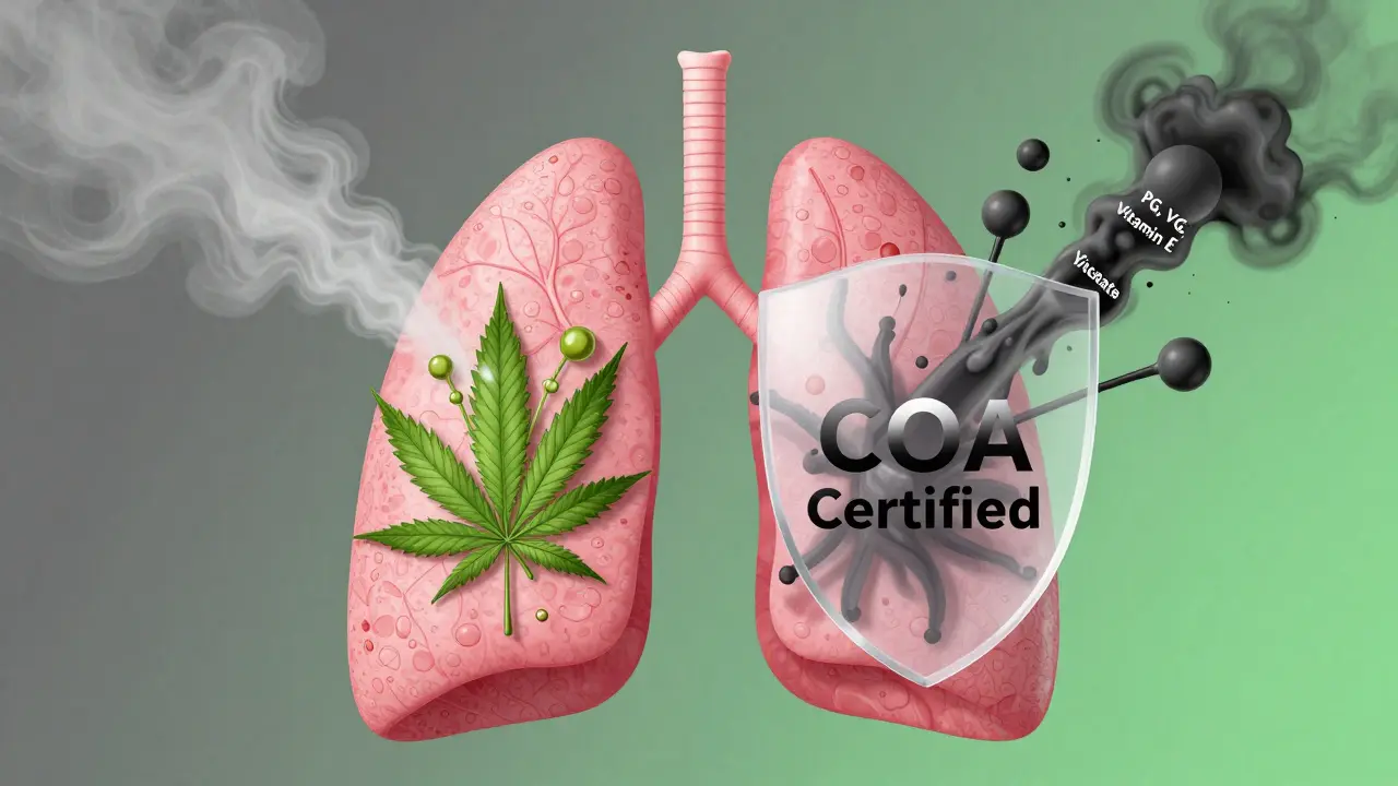 Zdravé plicní tkáně vdechují čistou CBD páru, zatímco škodlivé chemikálie jsou blokovány štítkem COA.