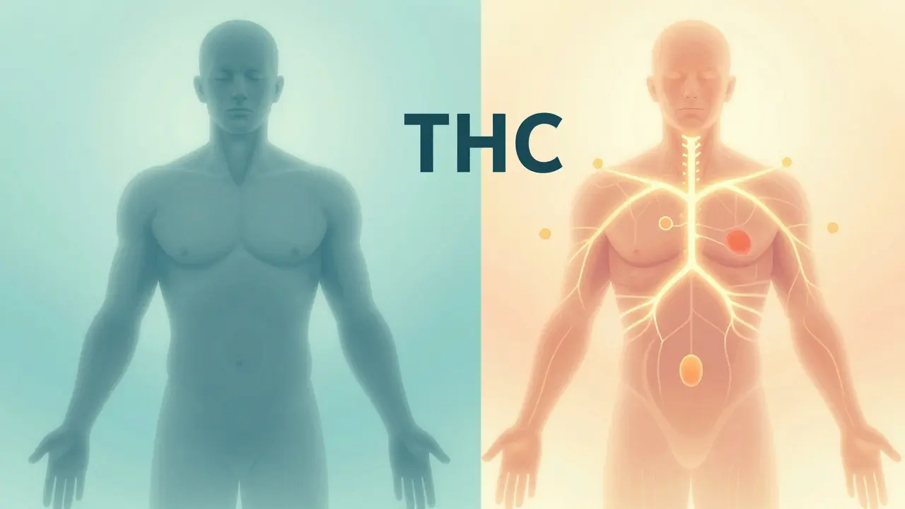 Abstraktní vizualizace rozdílu mezi účinky CBD a THC na tělo