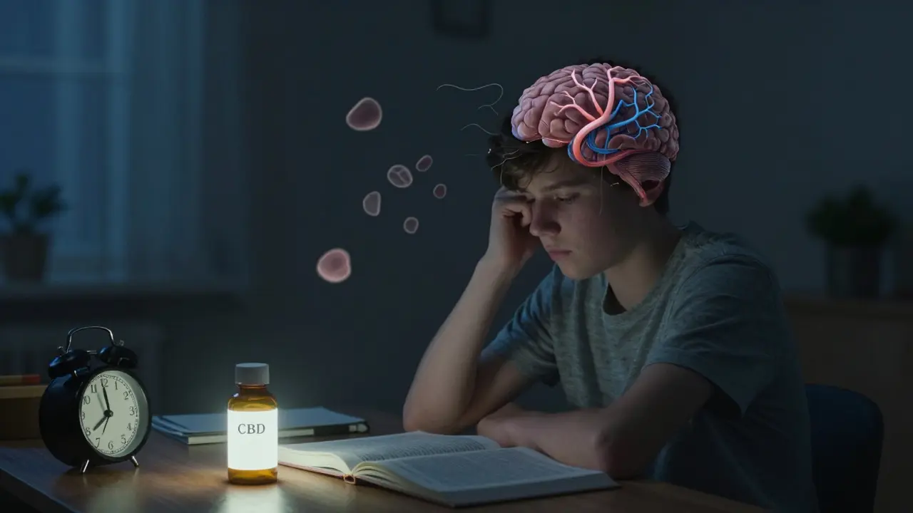 Dospívající s CBD lahvičkou, kde jsou vidět poškozené nervové spojení v mozku, znázorňující riziko pro vývoj.