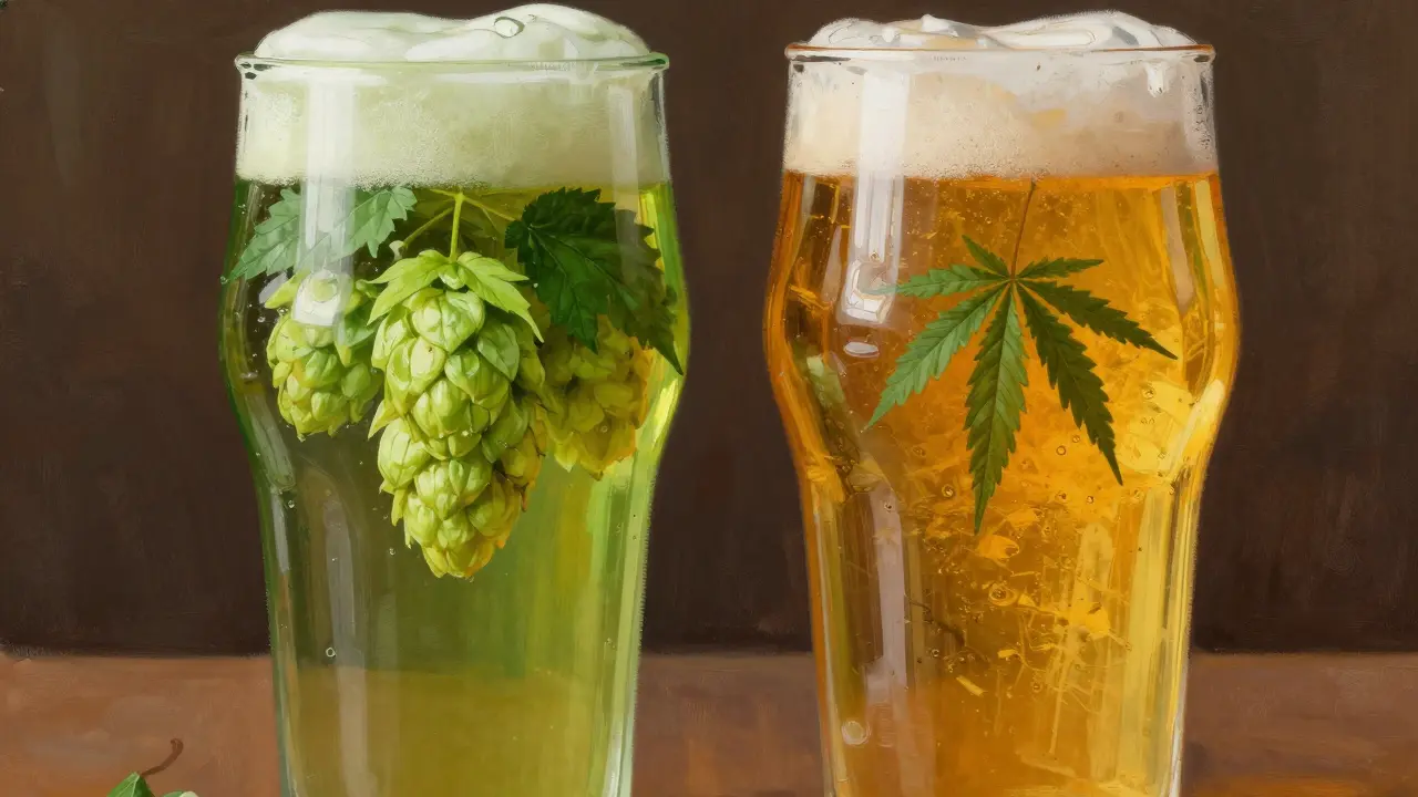 Dva poháry piva: IPA a konopné pivo s bylinkami.