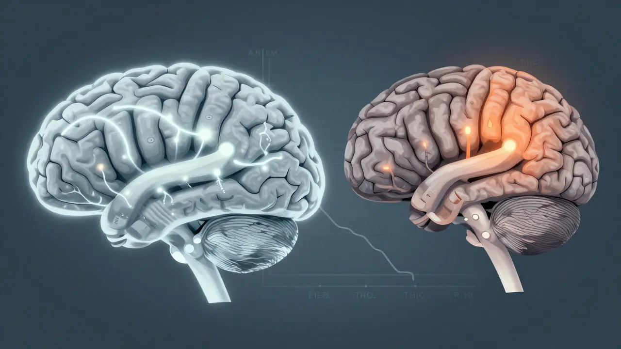 Dvě mozkové struktury: jedna přirozená, druhá potlačená THC, s grafem kvality spánku.