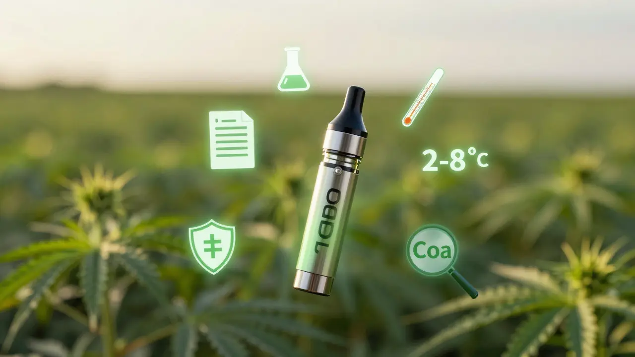 Konzepční obraz CBD vypu s symboly nákladů na výrobu, testování a skladování.