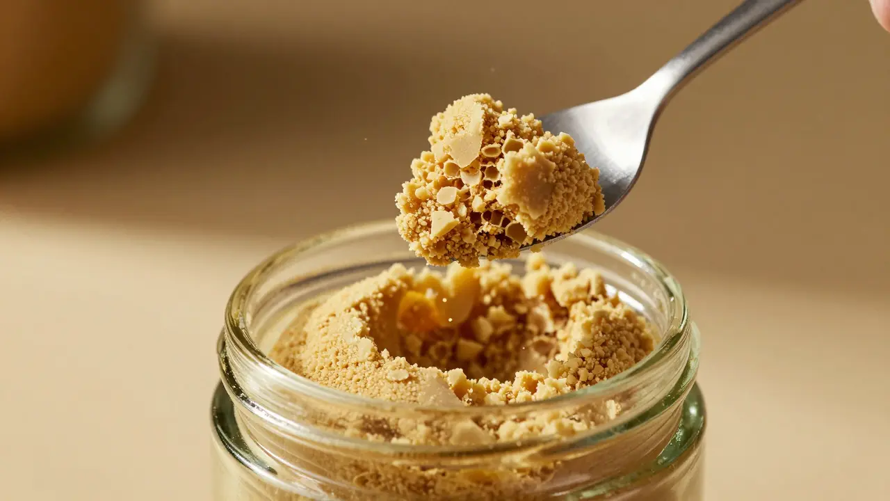 Křehký CBD crumble v skleněné nádobě s hrotikem odštípávajícím kousek.