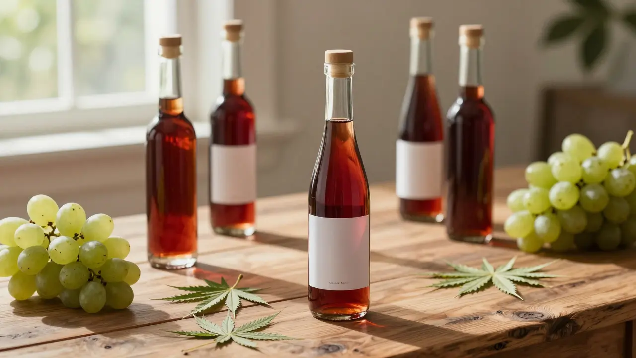 Lahev konopného vína s hrozny a konopnými listy na dřevěném stole