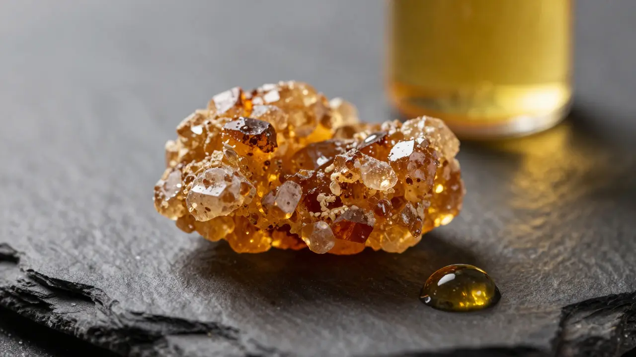 Makro záběr zlatých krystalů konopné pryskyřice vedle kapky lepkavého oleje.