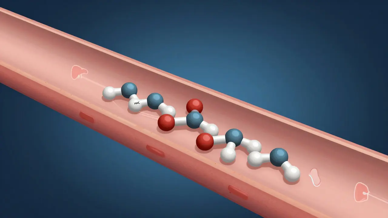 Molekulární znázornění, jak se HHC pomalu uvolňuje z tukových tkání a tělo ho přirozeně metabolizuje.