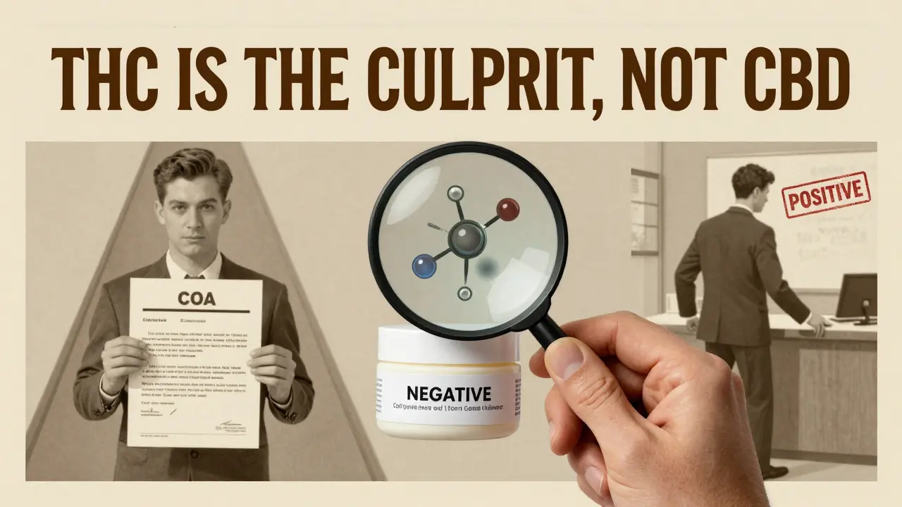 Muž prozkoumává etiketu CBD krému lupou, v pozadí dvě cesty: jedna s kladným a druhá s negativním výsledkem testu.