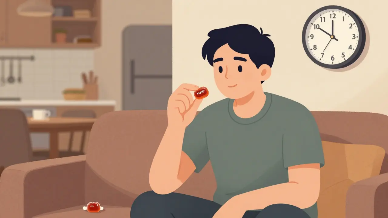 Osoba drží HHC bonbón, na pozadí hodiny ukazují 45 minut, čeká na účinky.