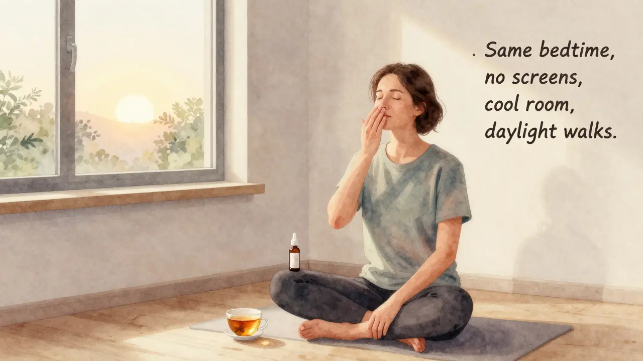 Osoba medituje při ranním světle s CBD olejem a bylinným čajem.
