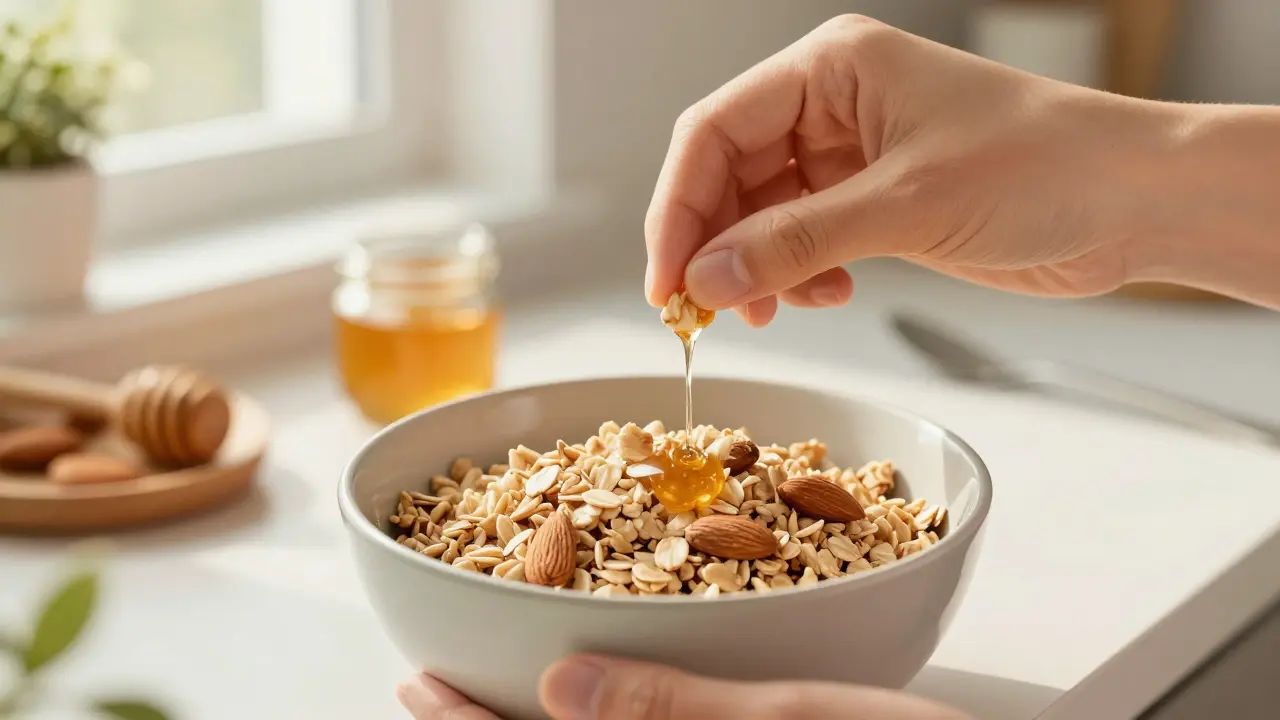 Osoba míchá malou dávku CBD vosku do ovesné kaše s oříšky a medem.