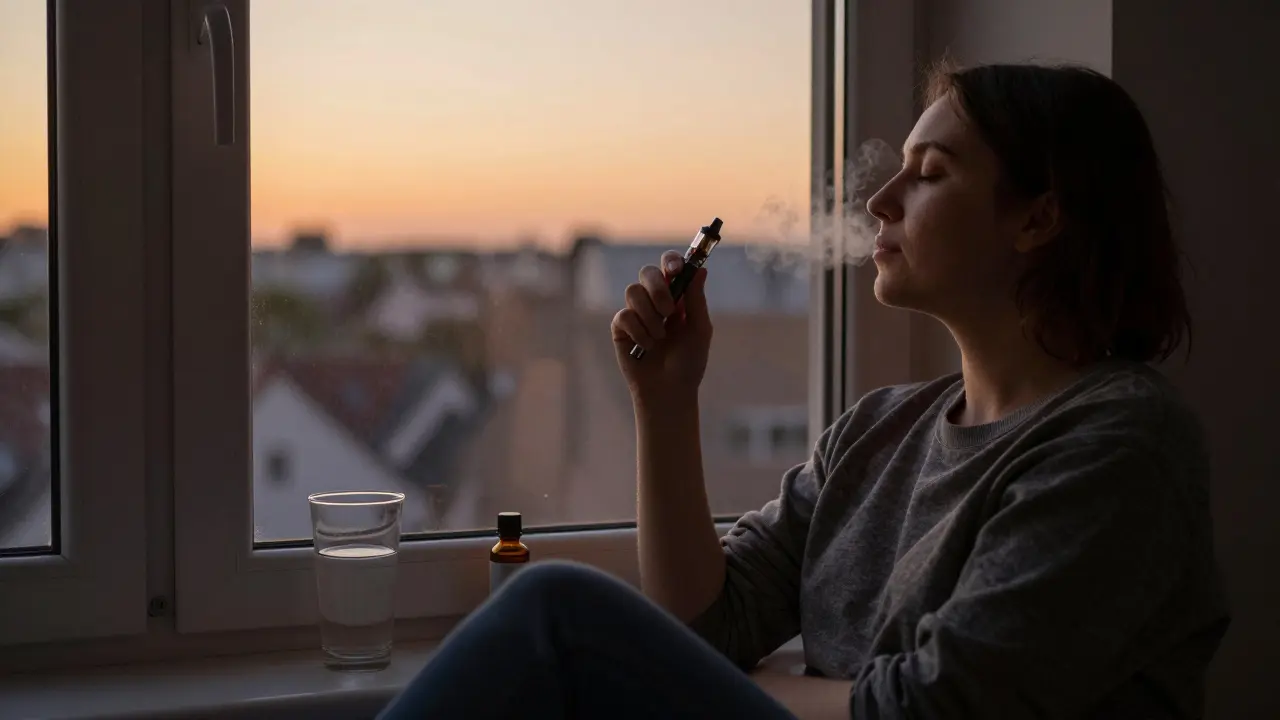 Osoba u okna v soumraku užívá vape s jemným parou, klidný a uvolněný výraz.