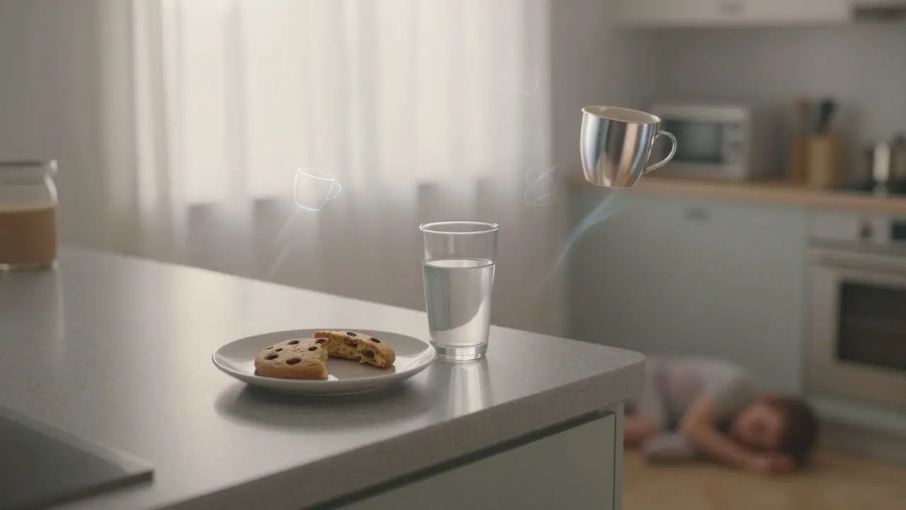 Poloviční CBD sušenka na stole s vodou, kolem ní se objevují stíny vzpomínek a změněných chutí v měkkém ranném světle.