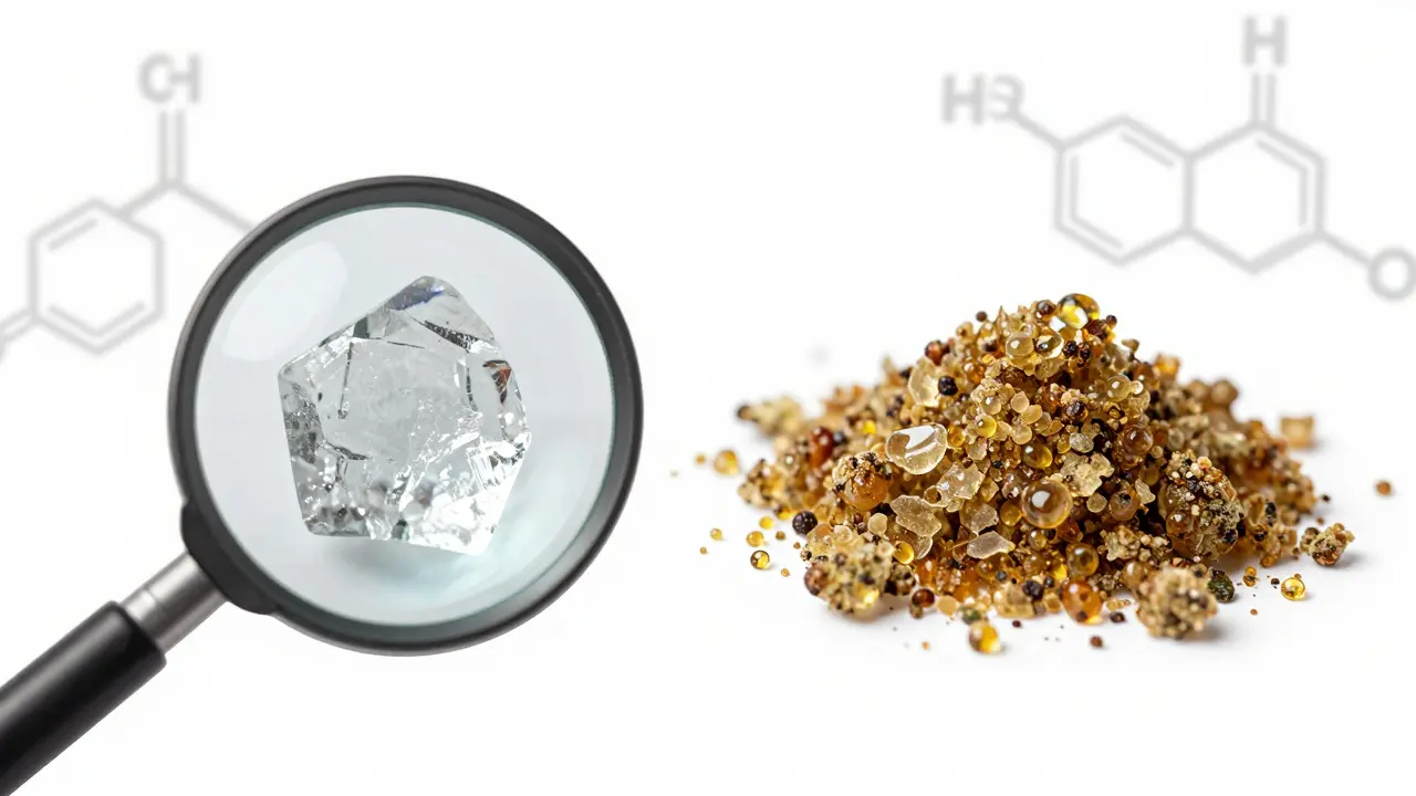 Porovnání CBD shatteru a crumble: průhledný krystal vs. křehká hmotnost s kapkami terpenů.