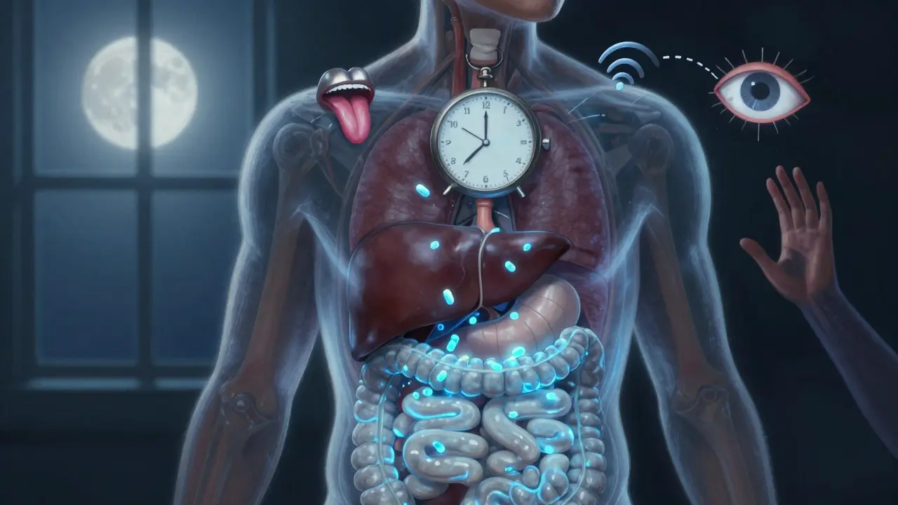 Průhledné tělo s viditelnými orgány, kde CBD pomalu cestuje skrz játra a střeva, kolem něj plavou symboly smyslů.