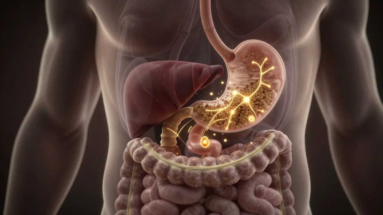 Průřez těla ukazující cestu CBD při trávení s vlivem na játra