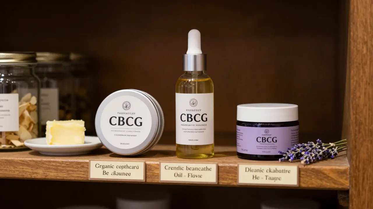 Regál s CBG kosmetikou v českém apotékářském stylu s přírodními složkami.