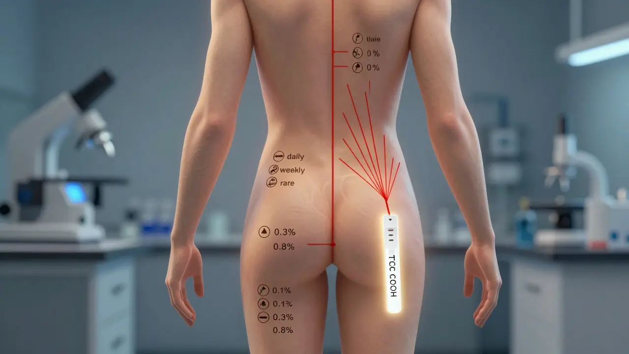  schematic znázorňuje tělo s oblastmi aplikace a různými hladinami THC, vedle něj výsledek testu na drogy.