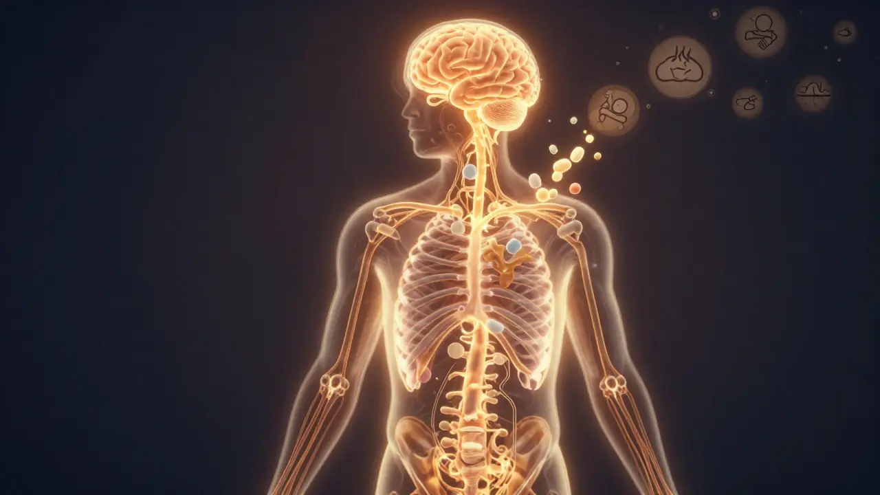 Schematické zobrazení endokannabinoidního systému s CBD molekulami uklidňujícími stres a nespavost.