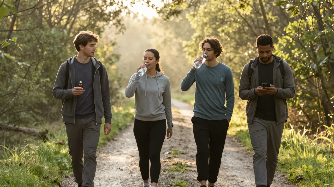 Skupina lidí kráčí v lese při svítání — symbol podpory, pohybu a zdravého životního stylu při odvykání.