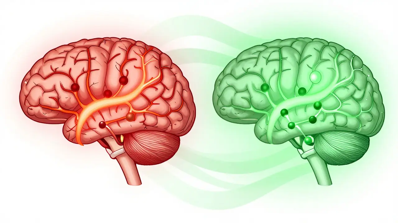 Srovnání aktivních a uklidněných nervových cest v mozku při odvykání s vlivem CBD.