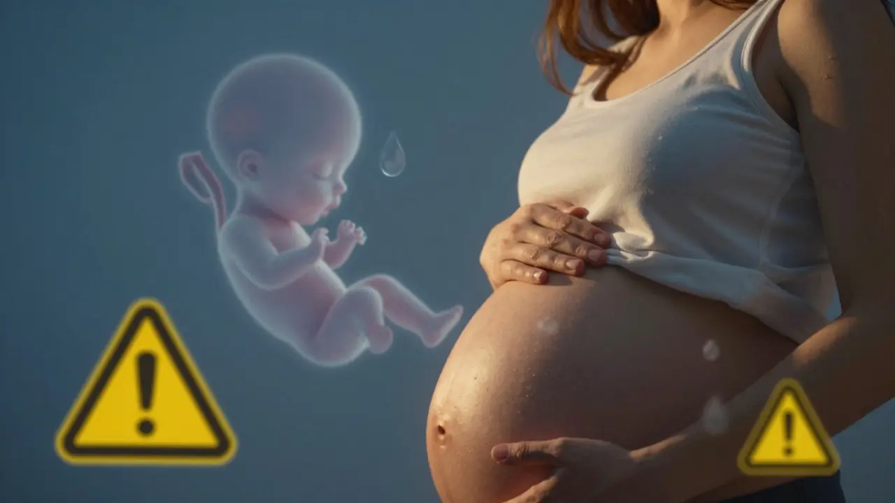 Těhotná žena s CBD kapličkami, symbolicky znázorněná jako riziko pro vývoj plodu, bez textu nebo nápisů.