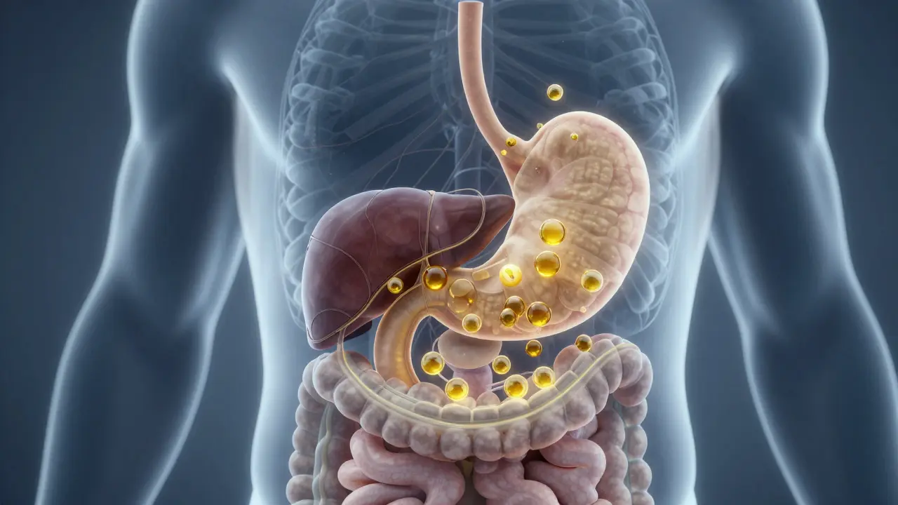 Transparentní náčrt trávicího traktu s cestou CBD oleje přes játra.