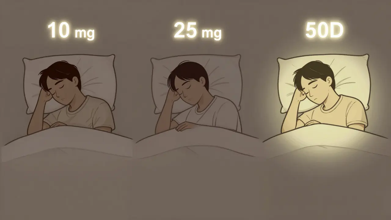 Tři osoby ve spálni s různými dávkami CBD, každá s jinou intenzitou klidu a spánku.