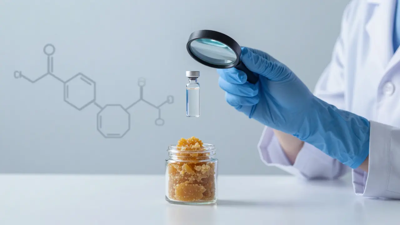 Vědec zkoumá crumble CBD a jeho převod na vodně rozpustnou formu v laboratoři.