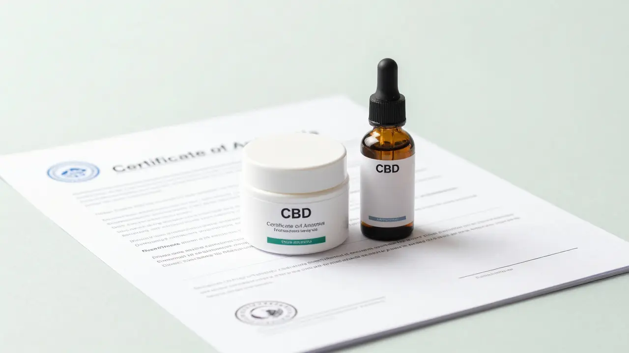 CBD krém a laboratorní certifikát COA na bílém pozadí znázornující zákonnou shodu.